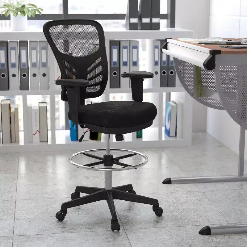 Flash Furniture Mid-Back Mesh Ergonomic Drafting Chair with Adjustable Chrome Foot Ring, Adjustable Arms