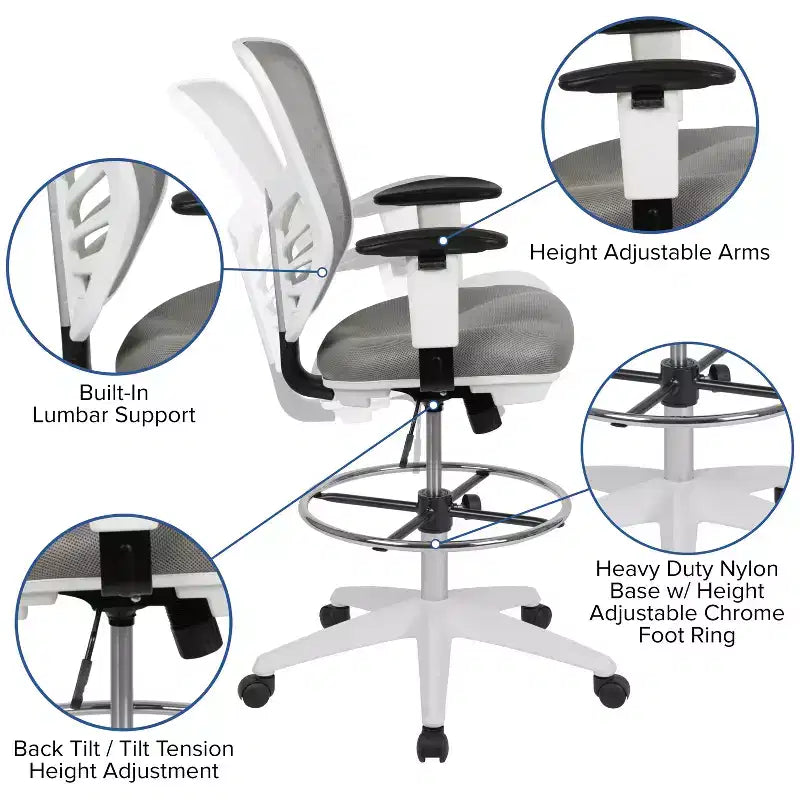 Flash Furniture Mid-Back Mesh Ergonomic Drafting Chair with Adjustable Chrome Foot Ring, Adjustable Arms