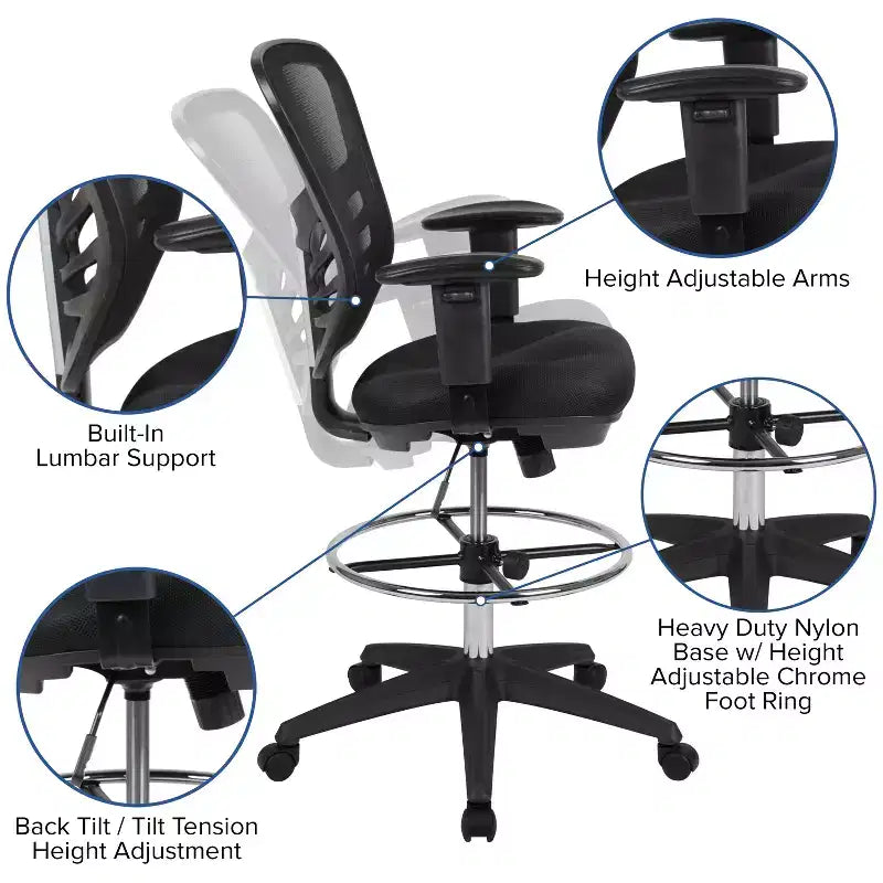 Flash Furniture Mid-Back Mesh Ergonomic Drafting Chair with Adjustable Chrome Foot Ring, Adjustable Arms