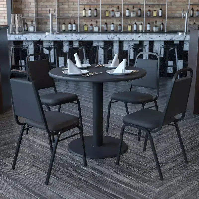 Emma and Oliver 36 Round Laminate X-Base Table Set with 4 Banquet Chairs