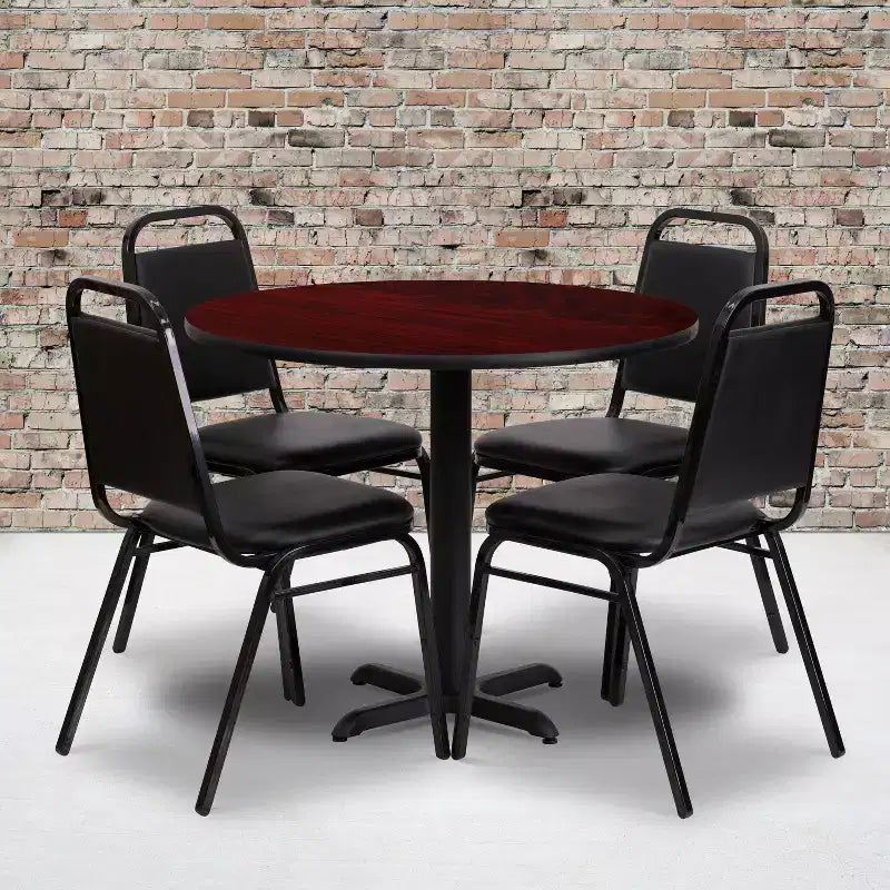 Emma and Oliver 36 Round Laminate X-Base Table Set with 4 Banquet Chairs
