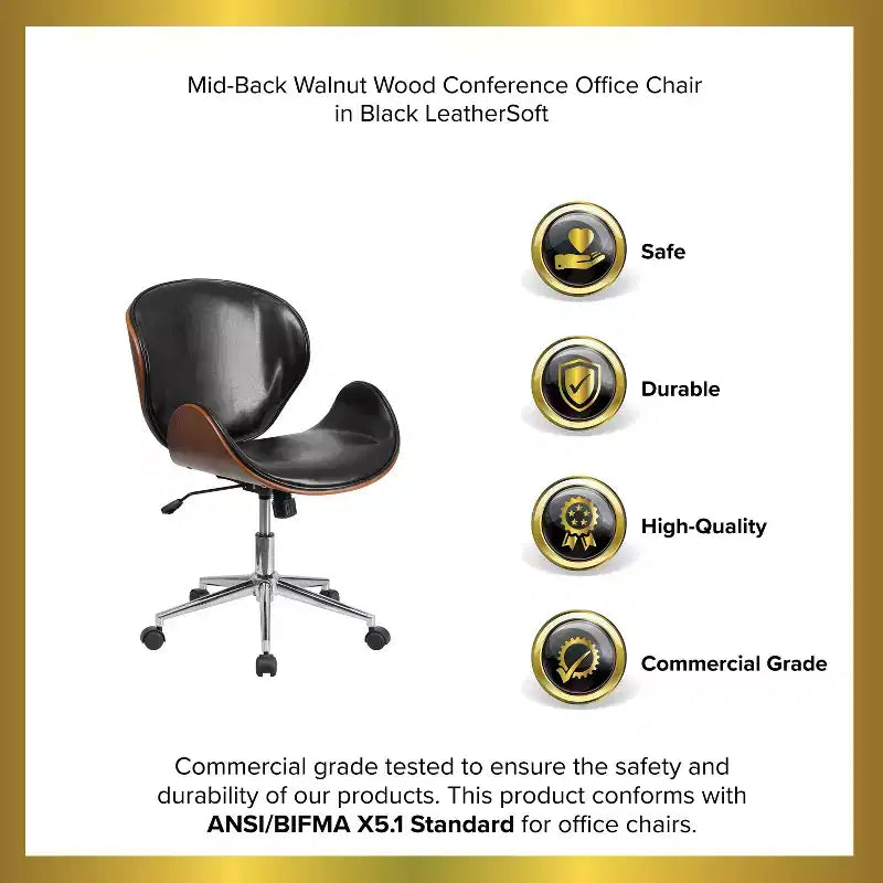 Emma and Oliver Mid-Back Wood Conference Office Chair with Leather Seat