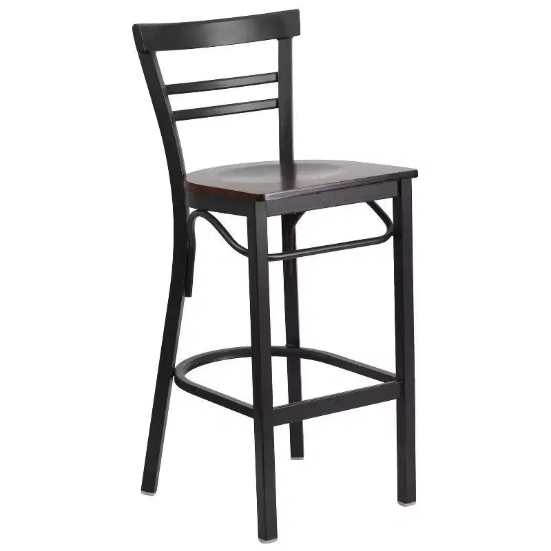 Emma and Oliver Two-Slat Ladder Back Black Metal Restaurant Dining Barstool