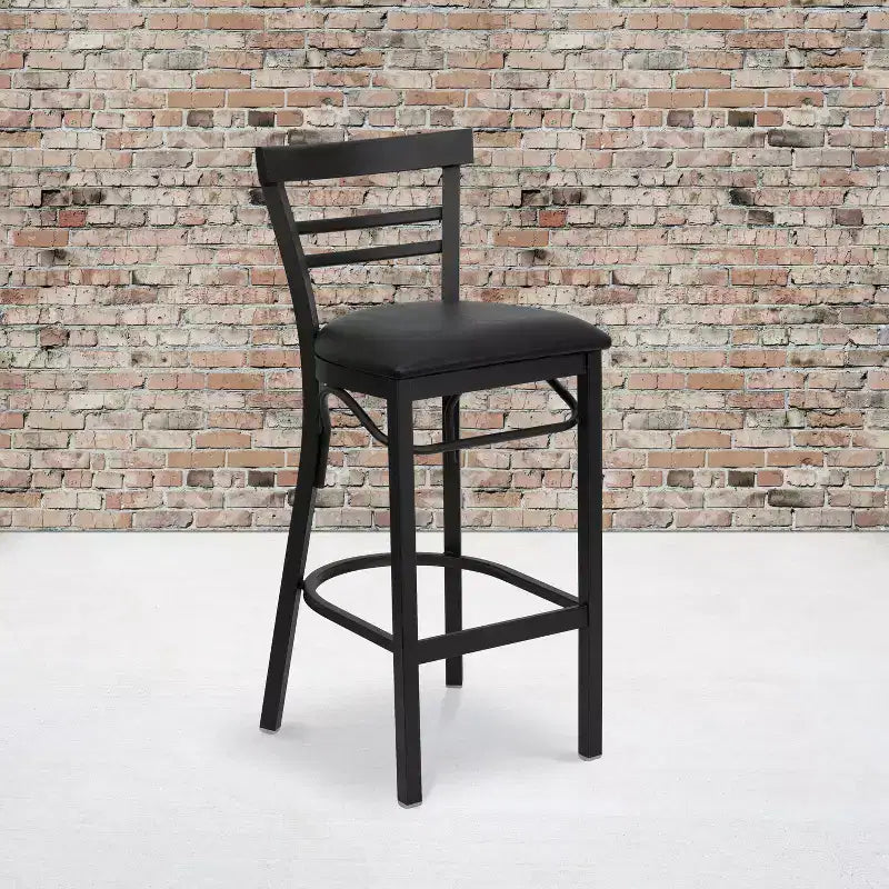 Emma and Oliver Two-Slat Ladder Back Black Metal Restaurant Dining Barstool