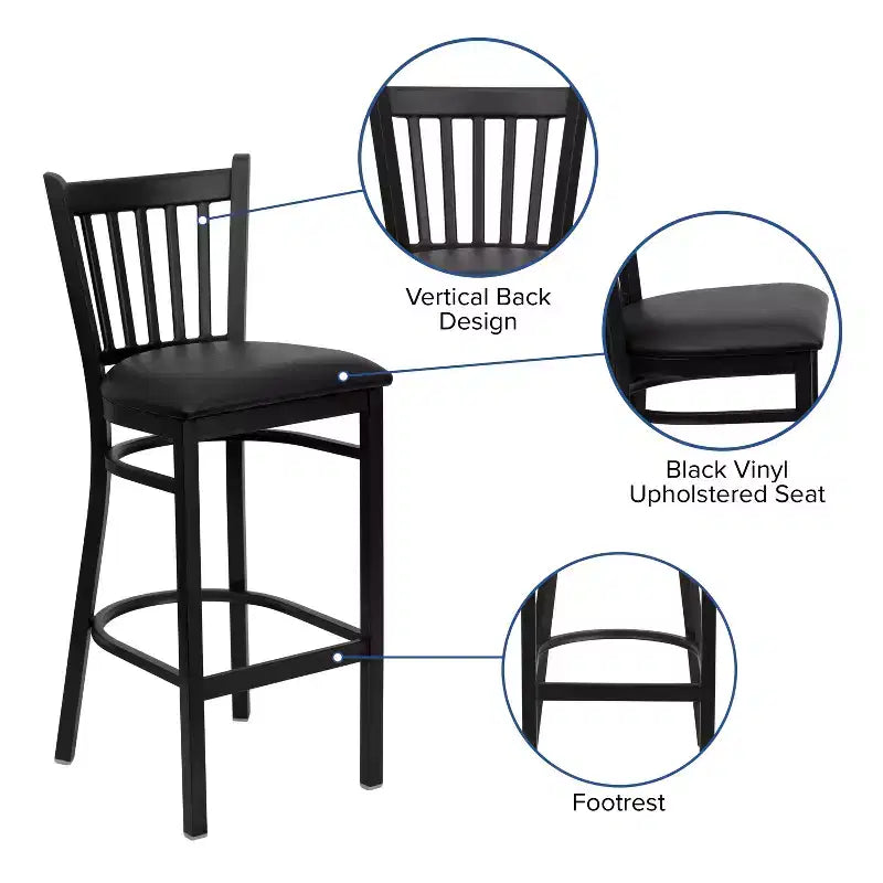 Emma and Oliver Black Vertical Back Metal Restaurant Dining Barstool