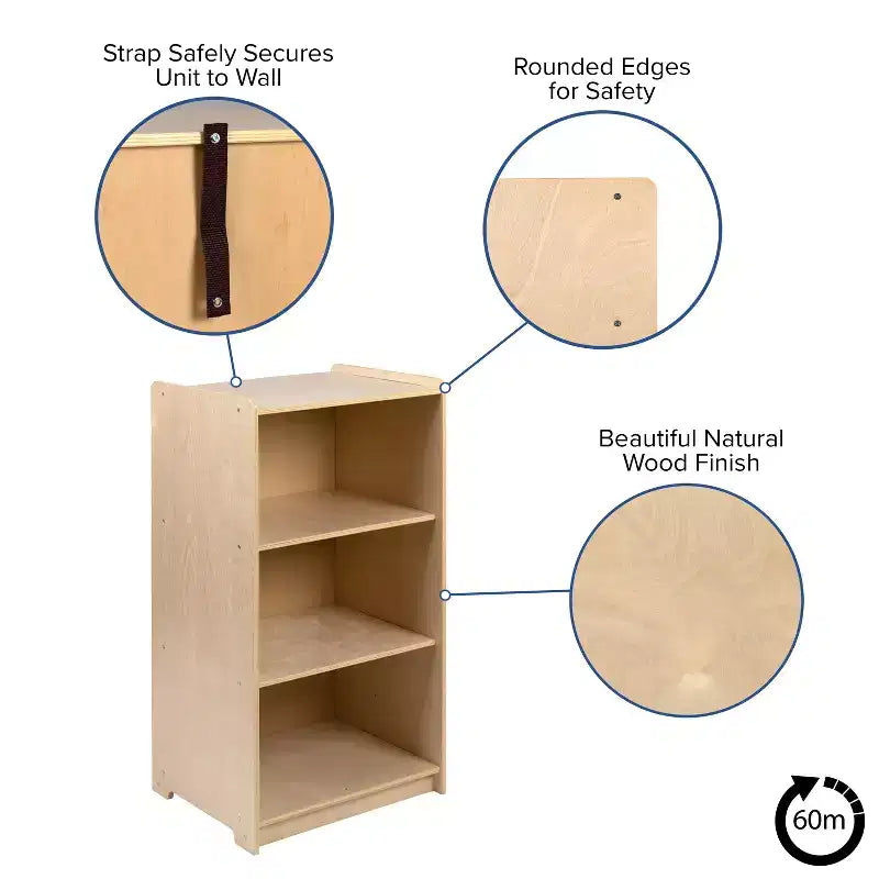 Flash Furniture Wooden 3 Section School Classroom Storage Cabinet for Commercial or Home Use - Safe, Kid Friendly Design - 36H (Natural)