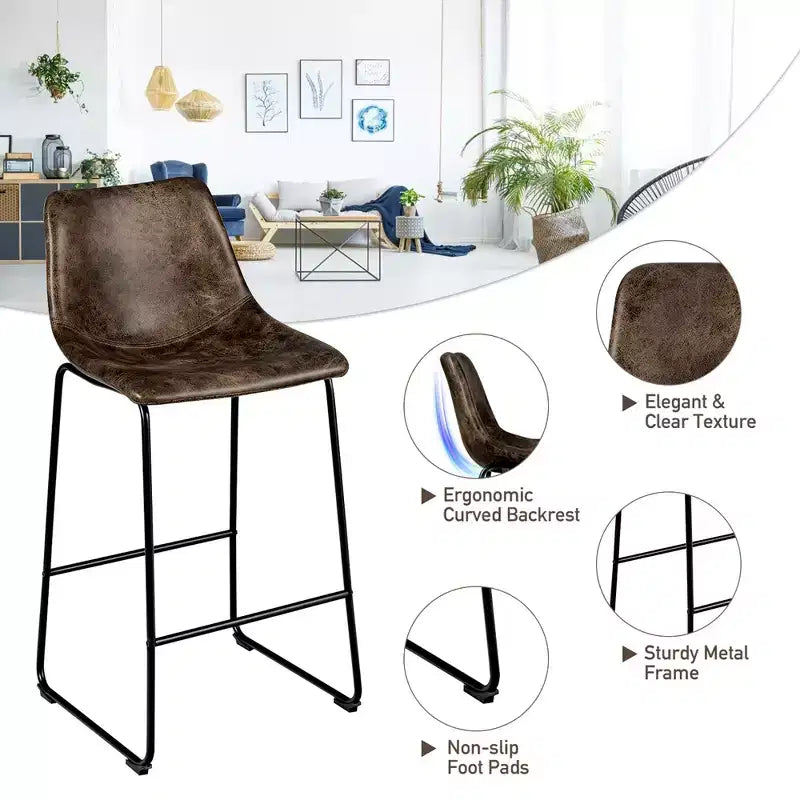 Costway Set of 2 Bar Stool Faux Suede Upholstered Kitchen Dining Chair w/Metal Legs Grey\Brown