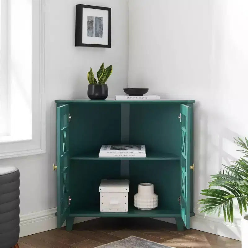 2 Door Corner Accent Cabinet with Fretwork Doors - Saracina Home
