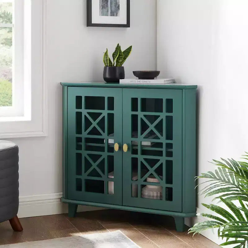 2 Door Corner Accent Cabinet with Fretwork Doors - Saracina Home