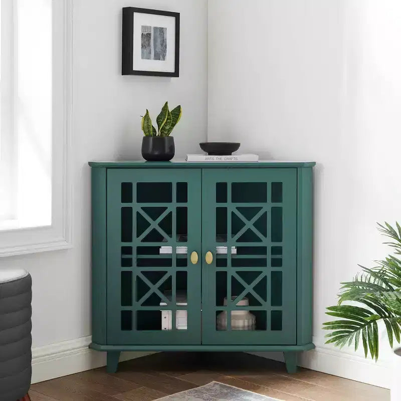 2 Door Corner Accent Cabinet with Fretwork Doors - Saracina Home