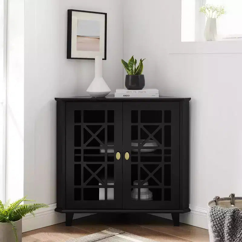 2 Door Corner Accent Cabinet with Fretwork Doors - Saracina Home
