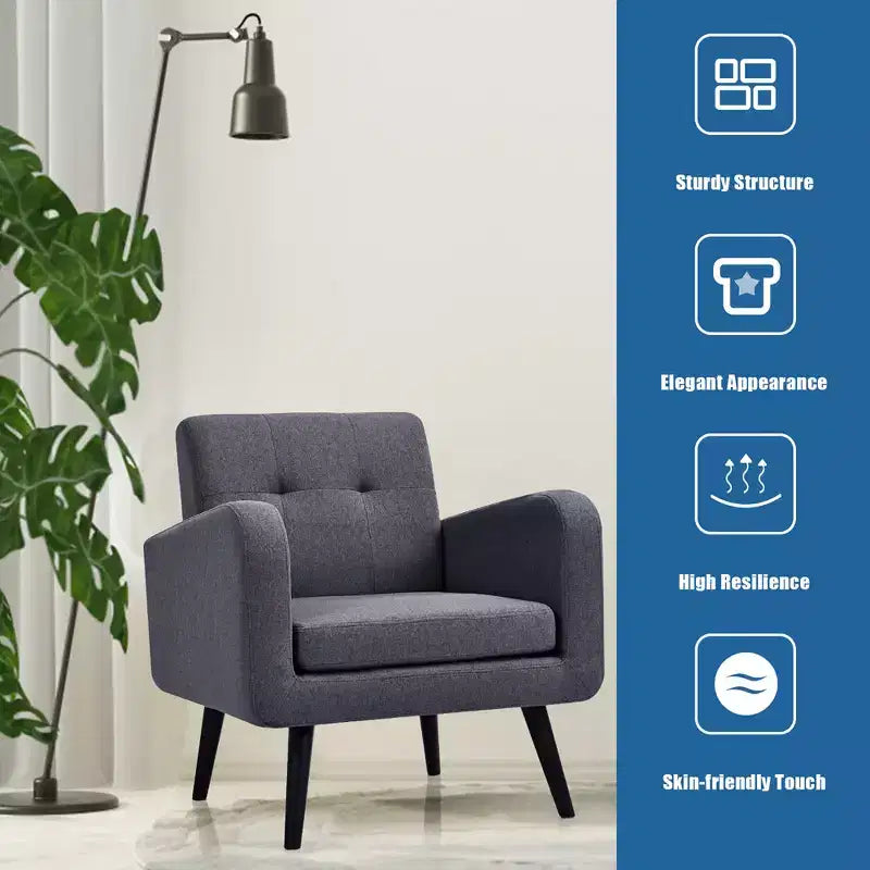 Costway Mid Century Accent Chair Fabric Arm Chair Single Sofa w/Rubber Wood Legs Blue\Grey