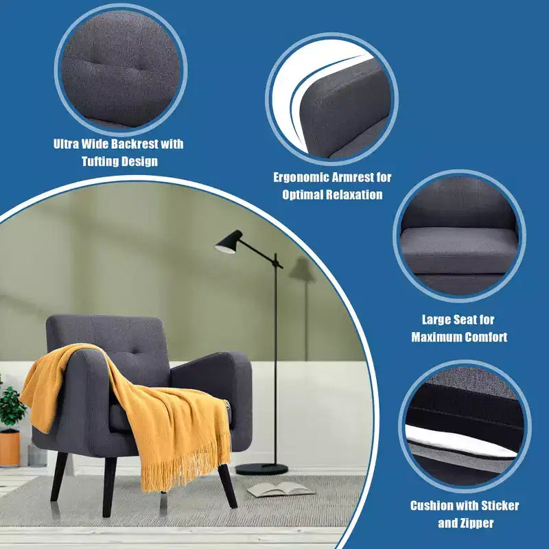 Costway Mid Century Accent Chair Fabric Arm Chair Single Sofa w/Rubber Wood Legs Blue\Grey