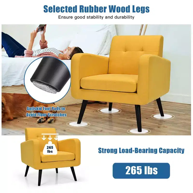 Costway Mid Century Accent Chair Fabric Arm Chair Single Sofa w/Rubber Wood Legs Blue\Grey