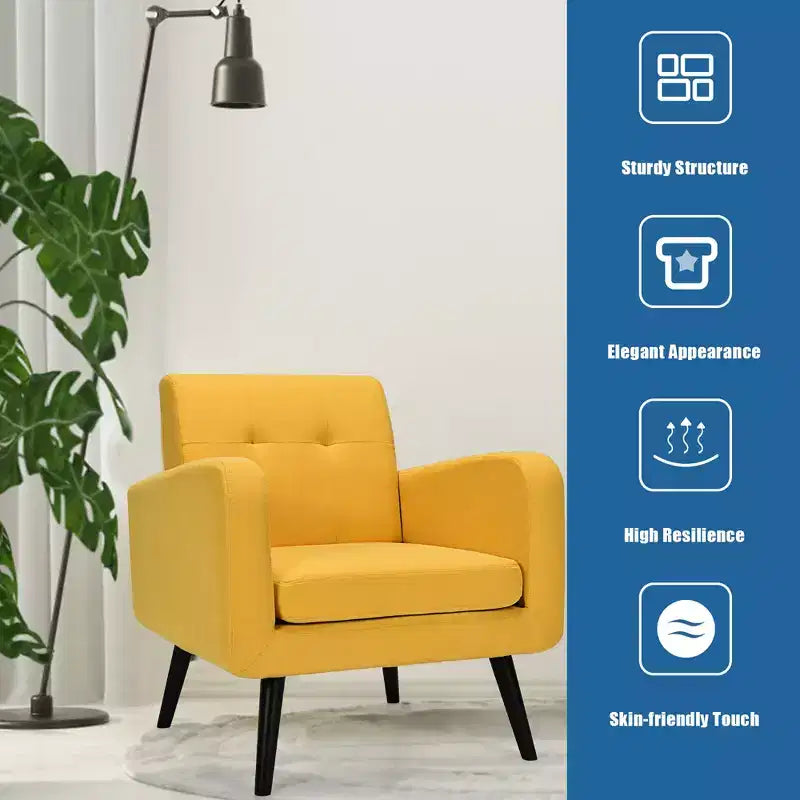 Costway Mid Century Accent Chair Fabric Arm Chair Single Sofa w/Rubber Wood Legs Blue\Grey