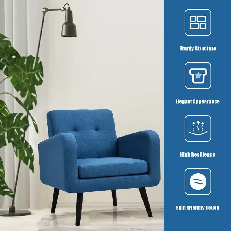 Costway Mid Century Accent Chair Fabric Arm Chair Single Sofa w/Rubber Wood Legs Blue\Grey