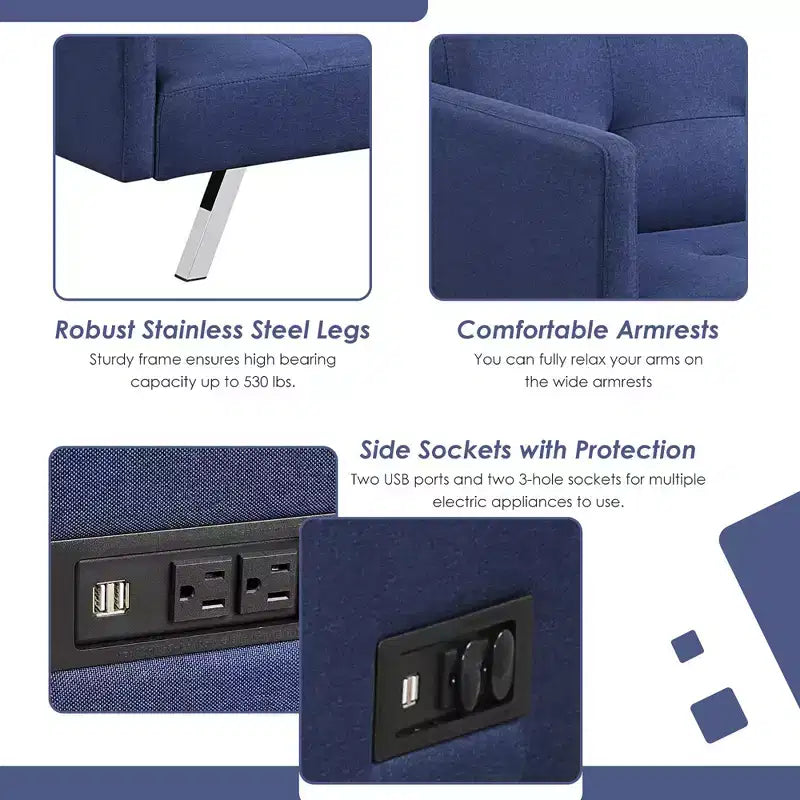 Costway Convertible Futon Sofa Bed Folding Recliner w/USB Ports&Power Strip Grey\Blue