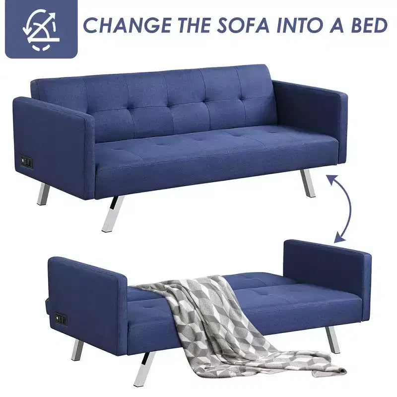 Costway Convertible Futon Sofa Bed Folding Recliner w/USB Ports&Power Strip Grey\Blue
