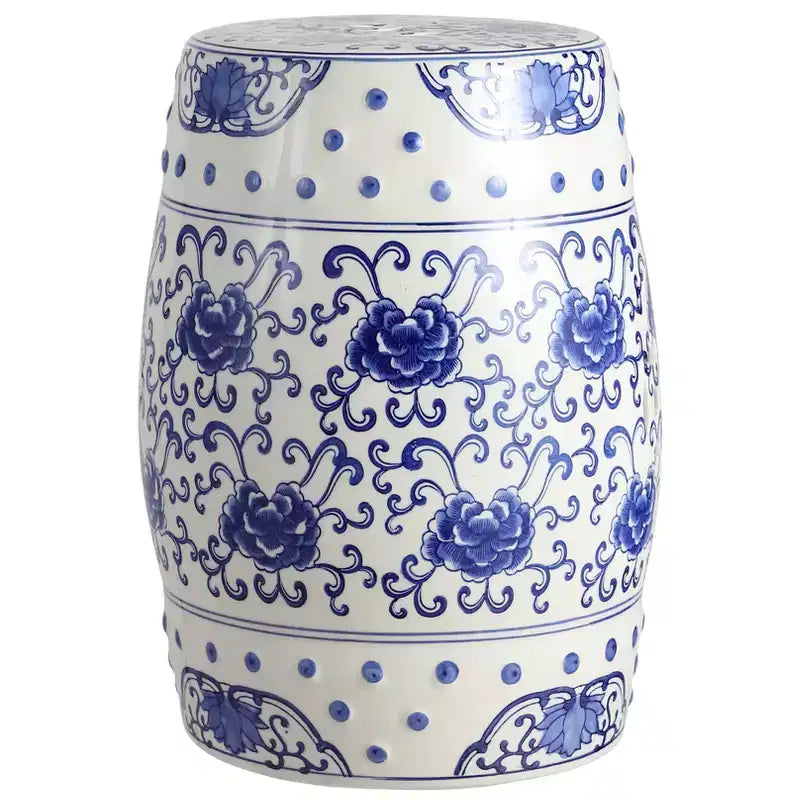 JONATHAN Y Lotus Flower 17.8 Chinoiserie Ceramic Drum Garden Stool/Accent Table, Blue/White