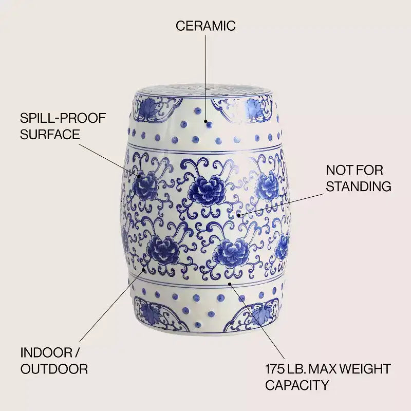 JONATHAN Y Lotus Flower 17.8 Chinoiserie Ceramic Drum Garden Stool/Accent Table, Blue/White