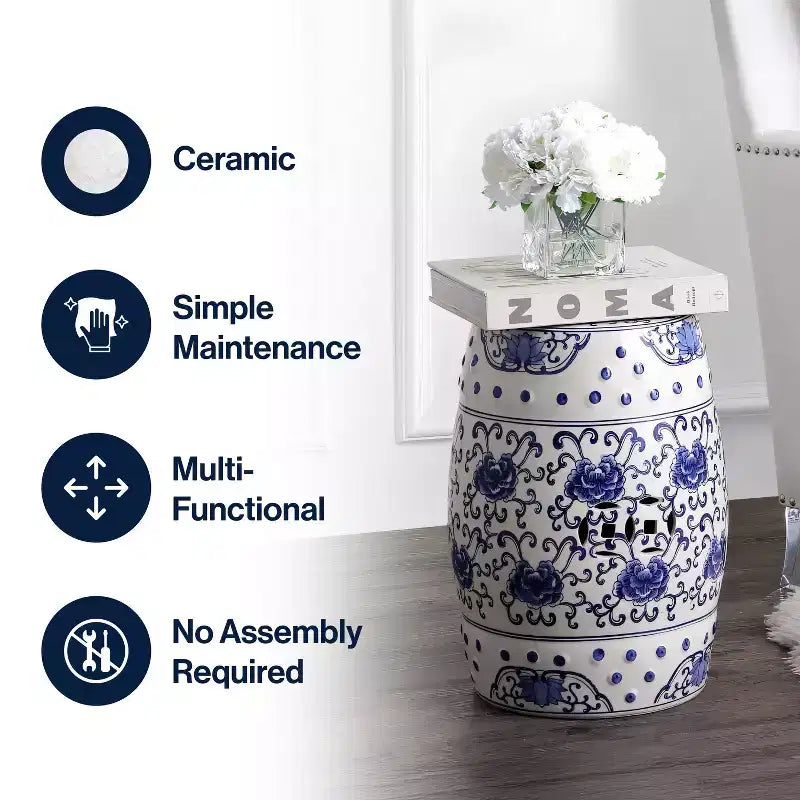 JONATHAN Y Lotus Flower 17.8 Chinoiserie Ceramic Drum Garden Stool/Accent Table, Blue/White