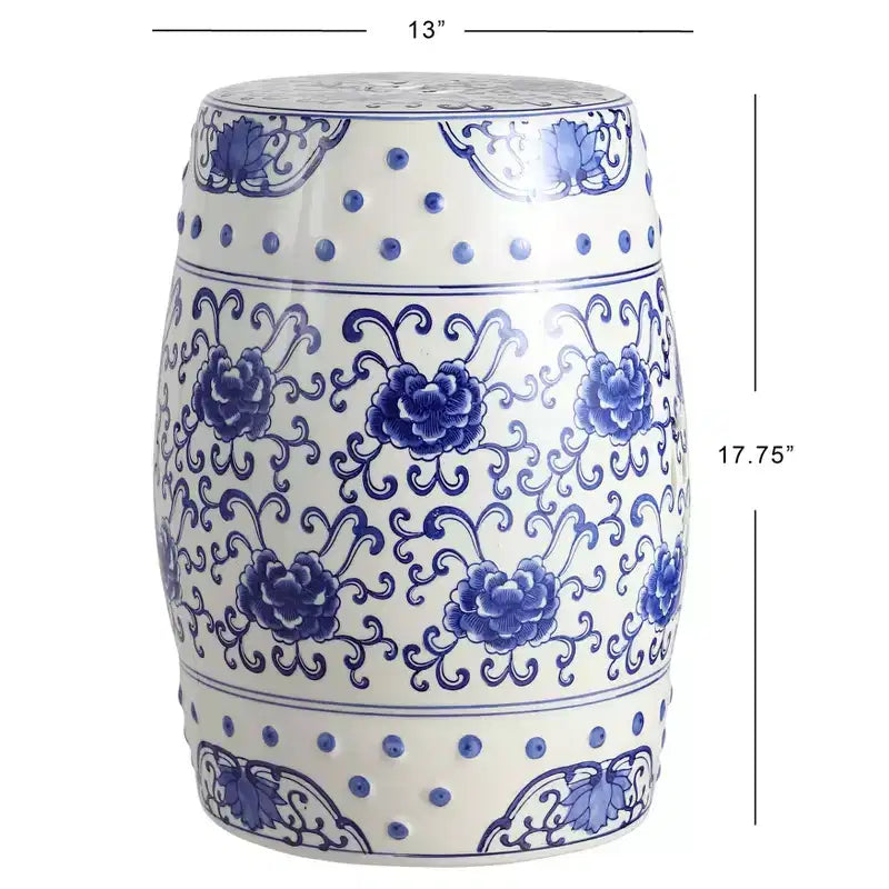 JONATHAN Y Lotus Flower 17.8 Chinoiserie Ceramic Drum Garden Stool/Accent Table, Blue/White