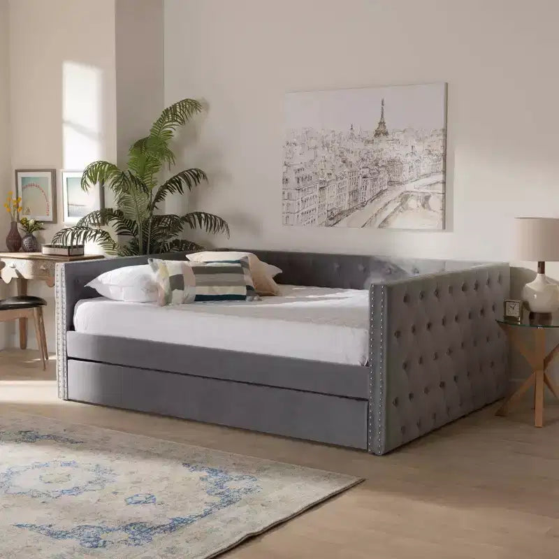 Larkin Velvet Fabric Upholstered Daybed with Trundle - Baxton Studio