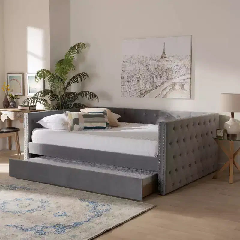 Larkin Velvet Fabric Upholstered Daybed with Trundle - Baxton Studio