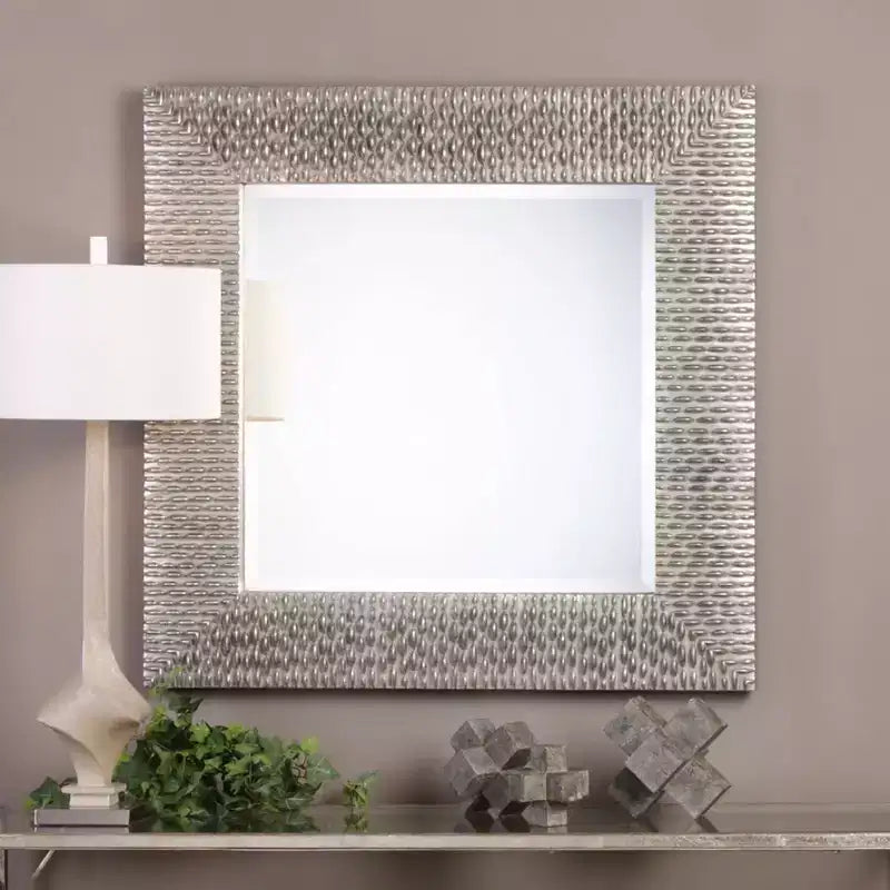 Uttermost Square Vanity Decorative Wall Mirror Modern Beveled Distressed Metallic Silver Leaf Frame 40 Wide for Bathroom Bedroom