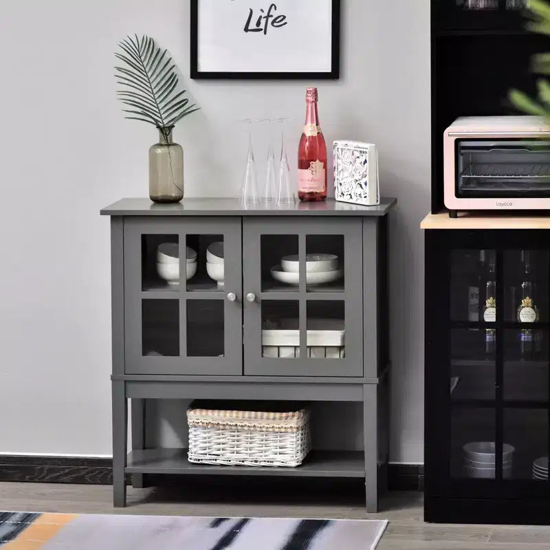 HOMCOM Kitchen Credenza & Sideboard Buffet Cabinet with 2 Glass Doors & Storage Shelves