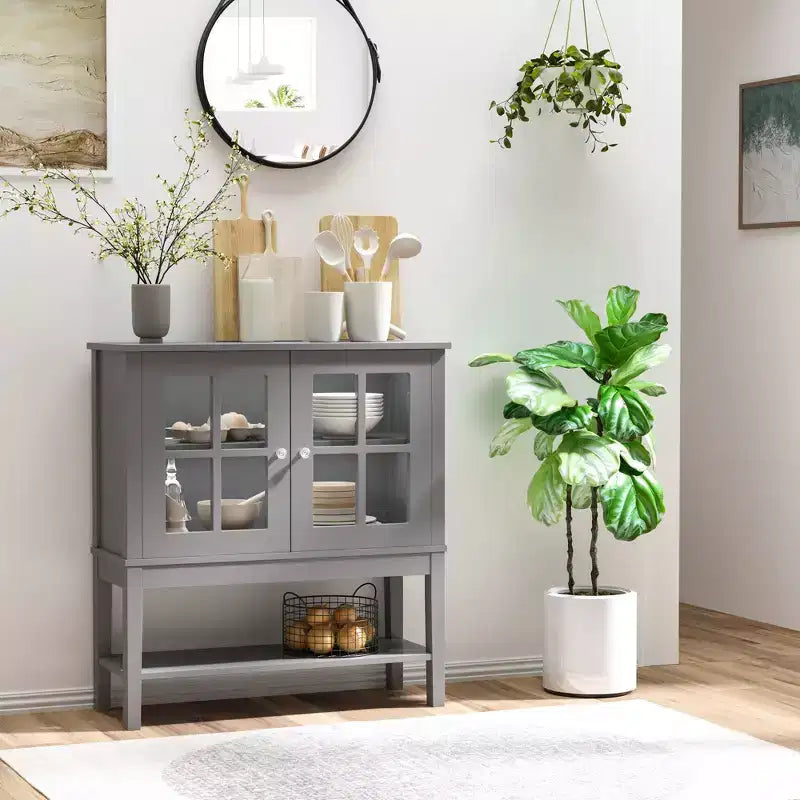 HOMCOM Kitchen Credenza & Sideboard Buffet Cabinet with 2 Glass Doors & Storage Shelves