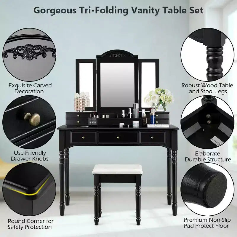 Costway 7 Drawers Vanity Set Dressing Table w/ Tri-Folding Mirror