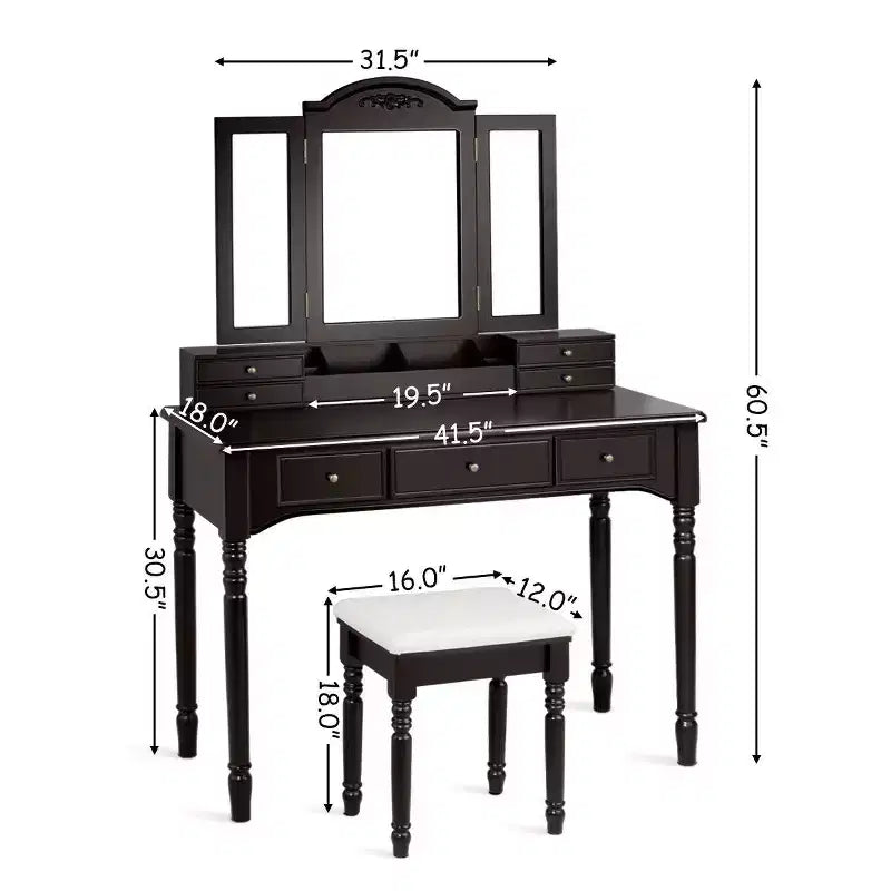 Costway 7 Drawers Vanity Set Dressing Table w/ Tri-Folding Mirror