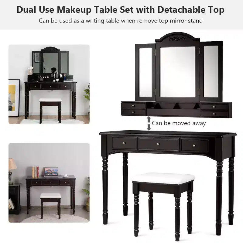 Costway 7 Drawers Vanity Set Dressing Table w/ Tri-Folding Mirror