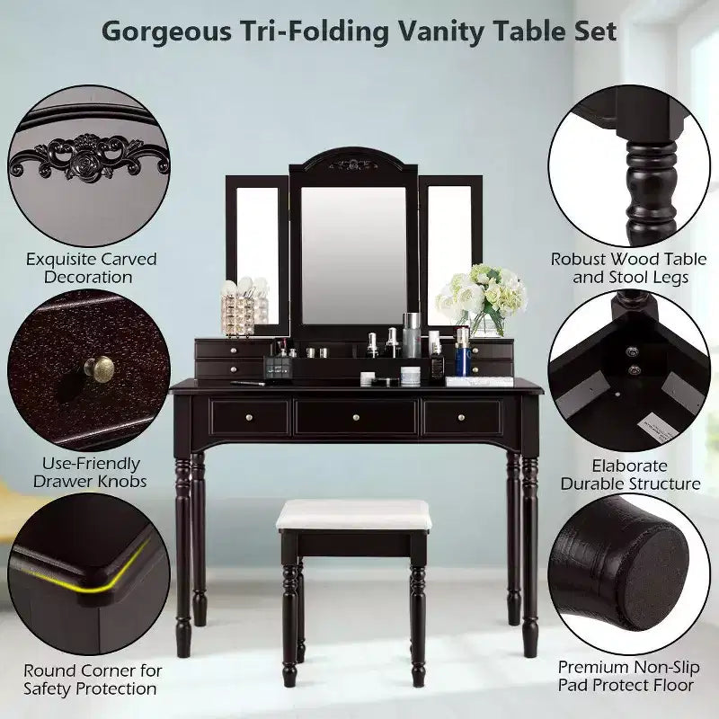 Costway 7 Drawers Vanity Set Dressing Table w/ Tri-Folding Mirror