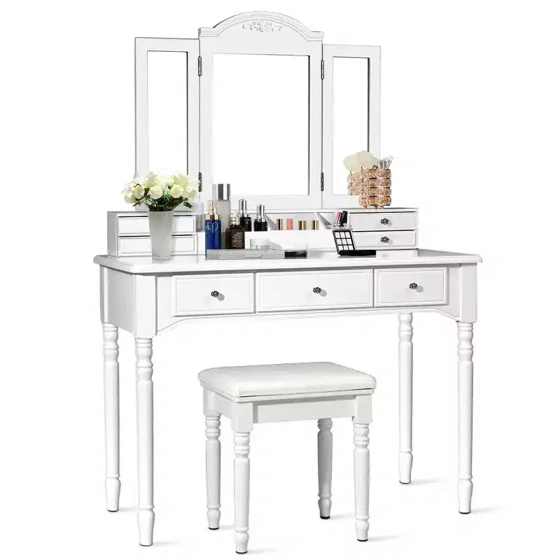 Costway 7 Drawers Vanity Set Dressing Table w/ Tri-Folding Mirror