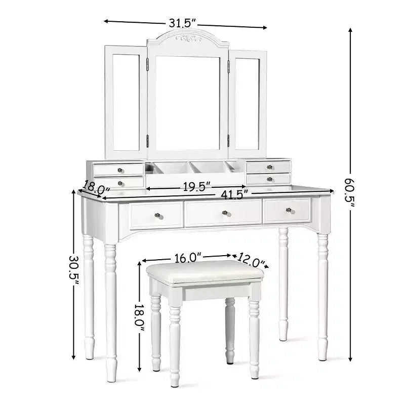 Costway 7 Drawers Vanity Set Dressing Table w/ Tri-Folding Mirror