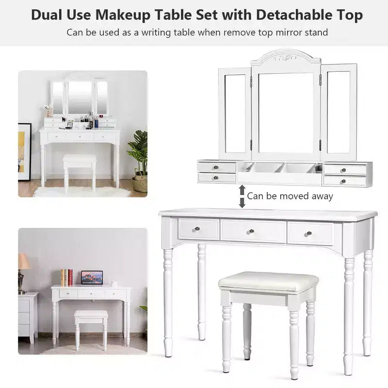 Costway 7 Drawers Vanity Set Dressing Table w/ Tri-Folding Mirror