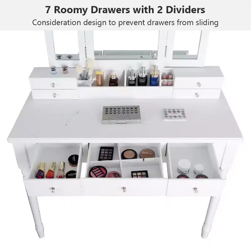 Costway 7 Drawers Vanity Set Dressing Table w/ Tri-Folding Mirror