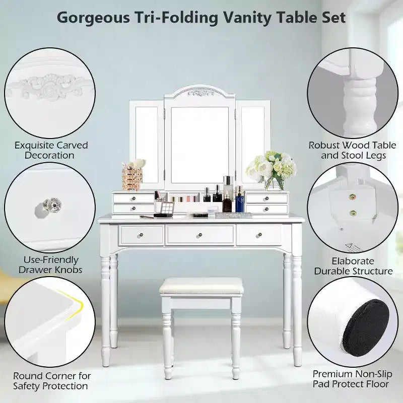 Costway 7 Drawers Vanity Set Dressing Table w/ Tri-Folding Mirror