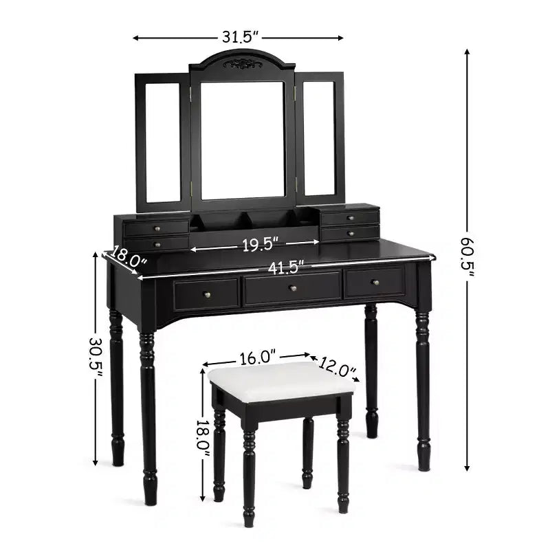 Costway 7 Drawers Vanity Set Dressing Table w/ Tri-Folding Mirror