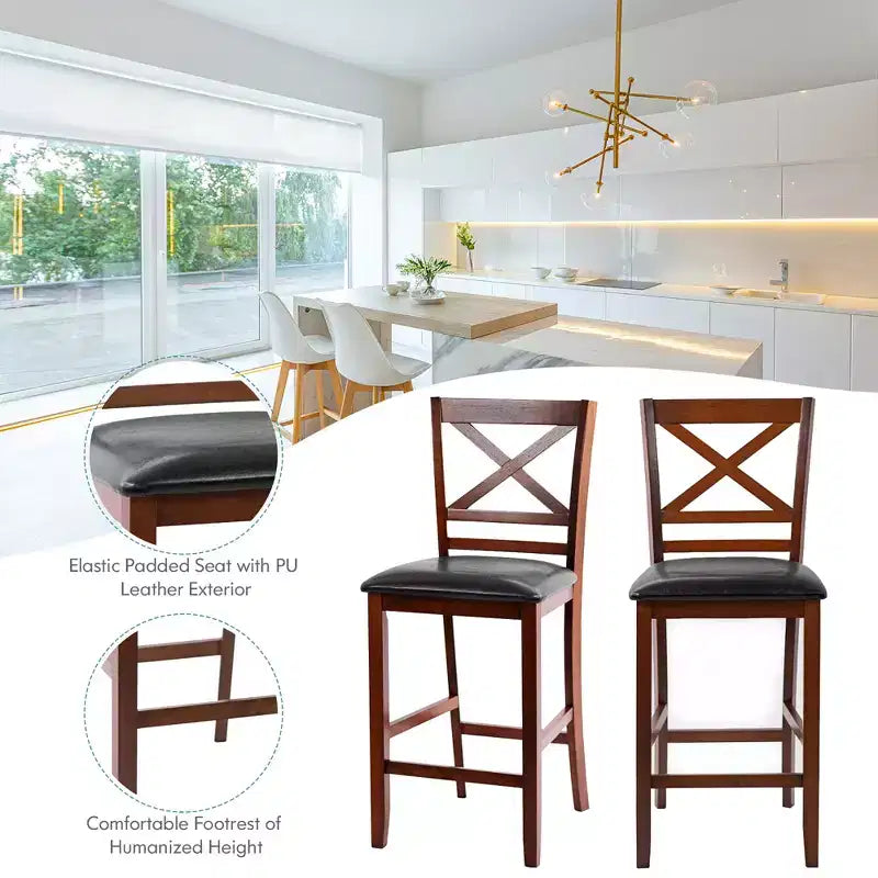 Costway Set of 2 Bar Stools 25'' Counter Height Chairs w/ PU Leather Seat Walnut