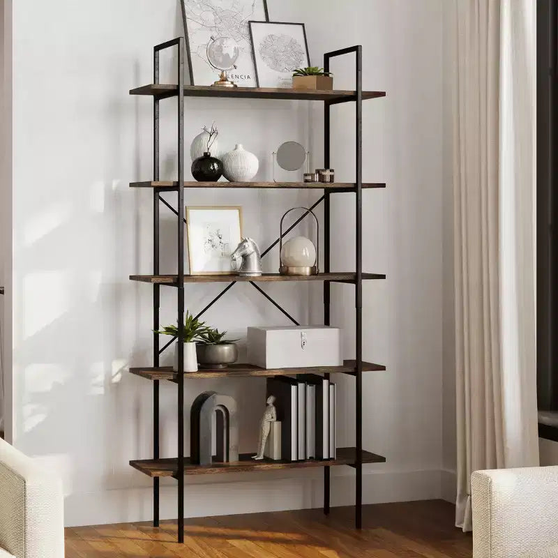 Lavish Home 5-Tier Freestanding Bookshelf  Open Industrial Style Etagere Wooden Shelving, Brown Woodgrain