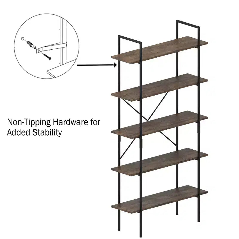 Lavish Home 5-Tier Freestanding Bookshelf  Open Industrial Style Etagere Wooden Shelving, Brown Woodgrain