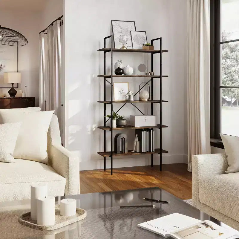 Lavish Home 5-Tier Freestanding Bookshelf  Open Industrial Style Etagere Wooden Shelving, Brown Woodgrain