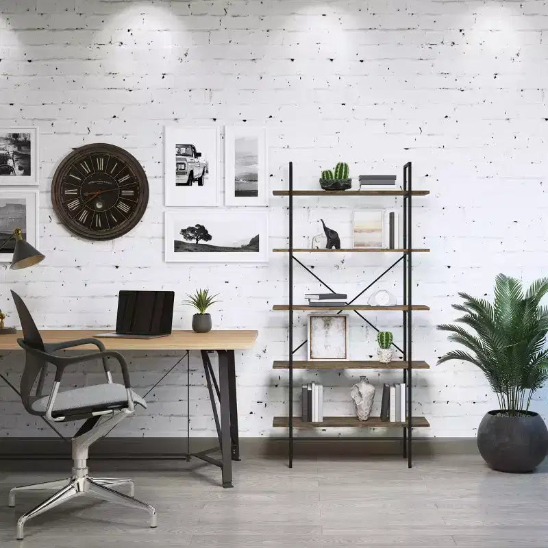 Lavish Home 5-Tier Freestanding Bookshelf  Open Industrial Style Etagere Wooden Shelving, Brown Woodgrain