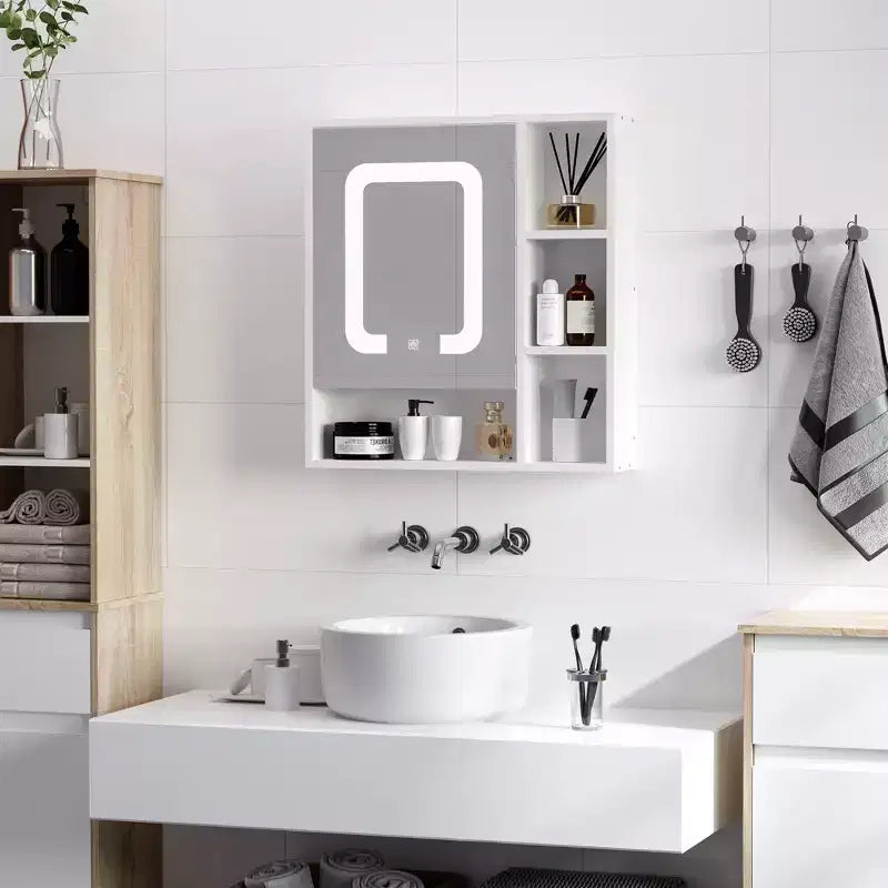 kleankin LED Light Medicine Cabinet with Mirror Door, Wall-Mounted Bathroom Vanity Organizer with Dimmer Touch Switch, and USB Charge, White