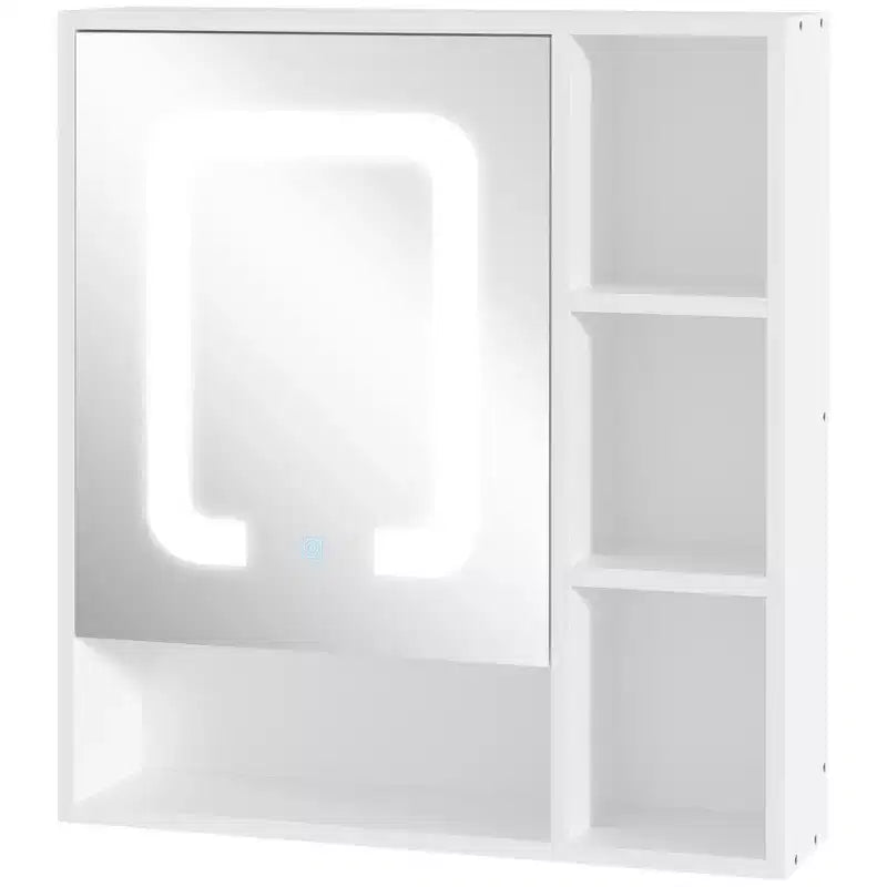 kleankin LED Light Medicine Cabinet with Mirror Door, Wall-Mounted Bathroom Vanity Organizer with Dimmer Touch Switch, and USB Charge, White