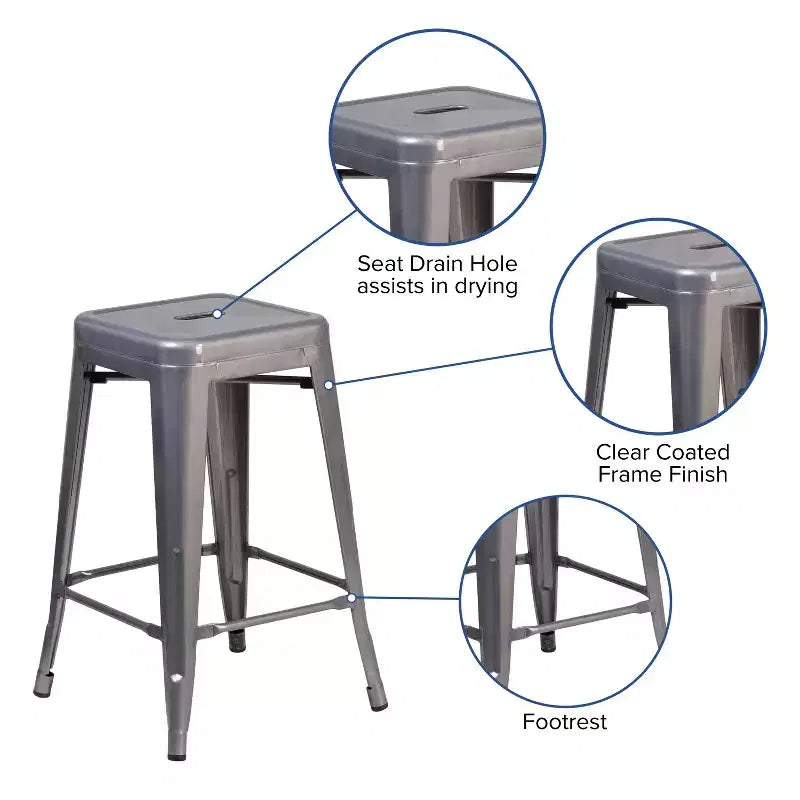Merrick Lane 24 High Powder Coated Backless Metal Counter Stool with Clear Coat Finish and Plastic Floor Glides for Indoor Use