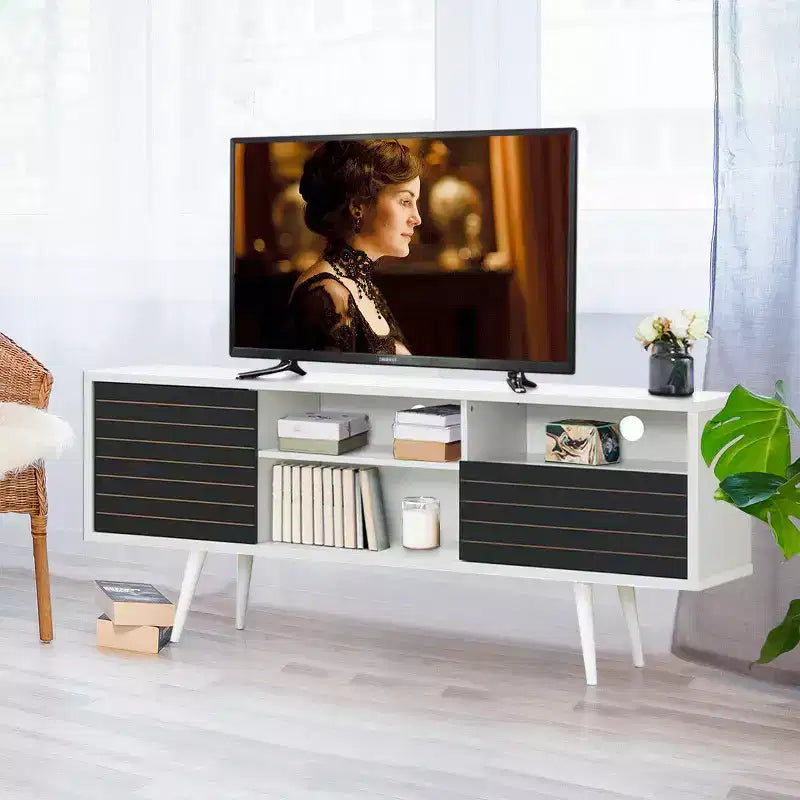 Costway Modern TV Stand/Console Cabinet 3 Shelves Storage Drawer Splayed Leg Black/White